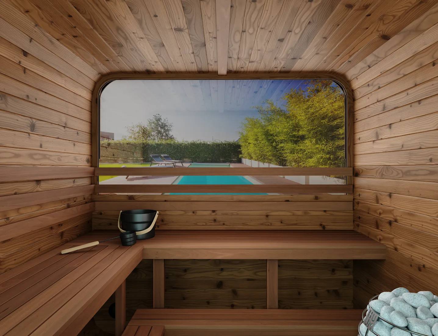Beautiful custom sauna interior with Thermory wood