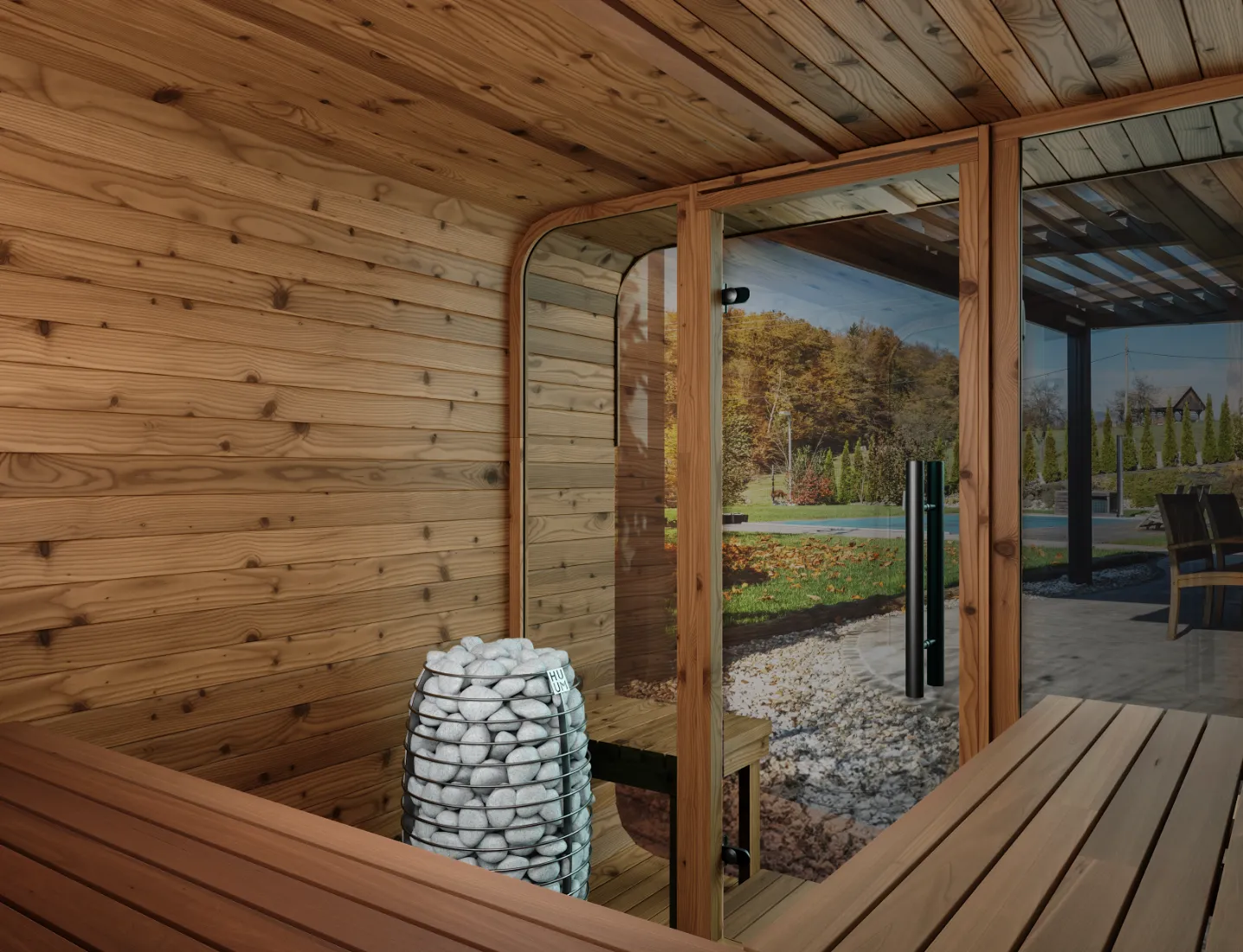 Premium Thermory wood interior with custom bench design