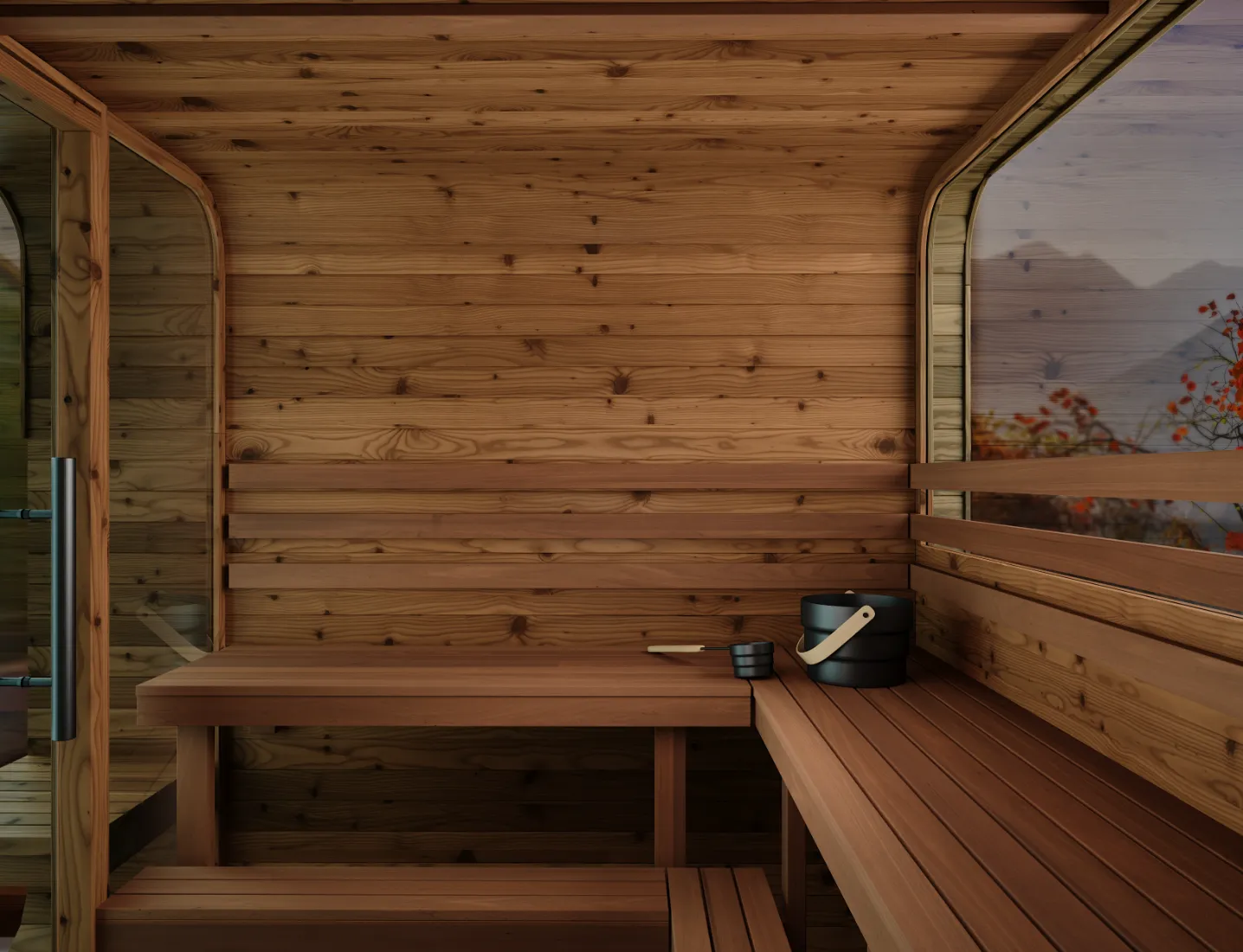 Modern square sauna with Thermory wood walls